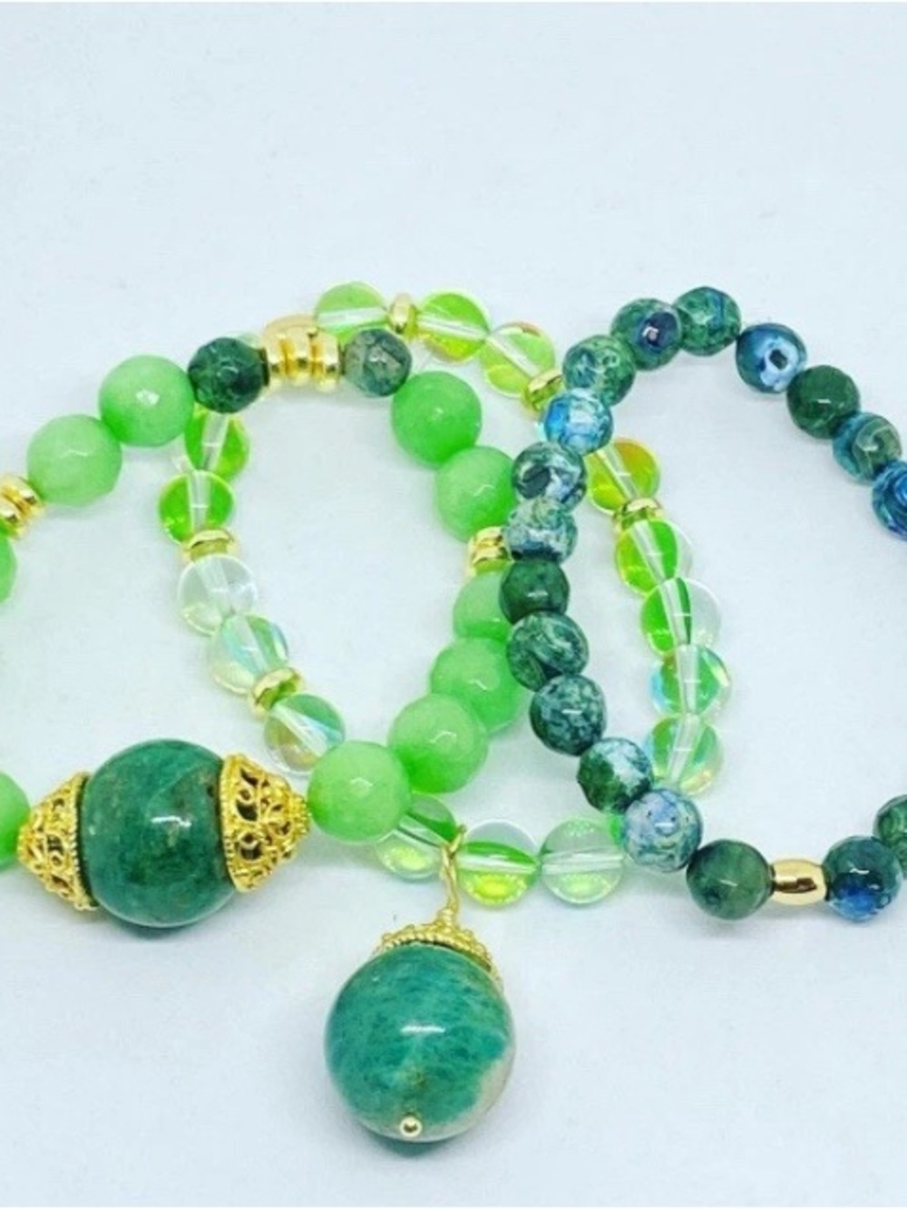 Handmade Green Beaded Stretch Bracelet Set with Gold Accents